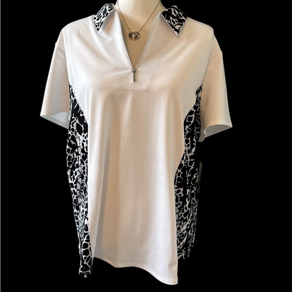 Chico's White and Black Patterned Zip Polo - Picture 2 of 6